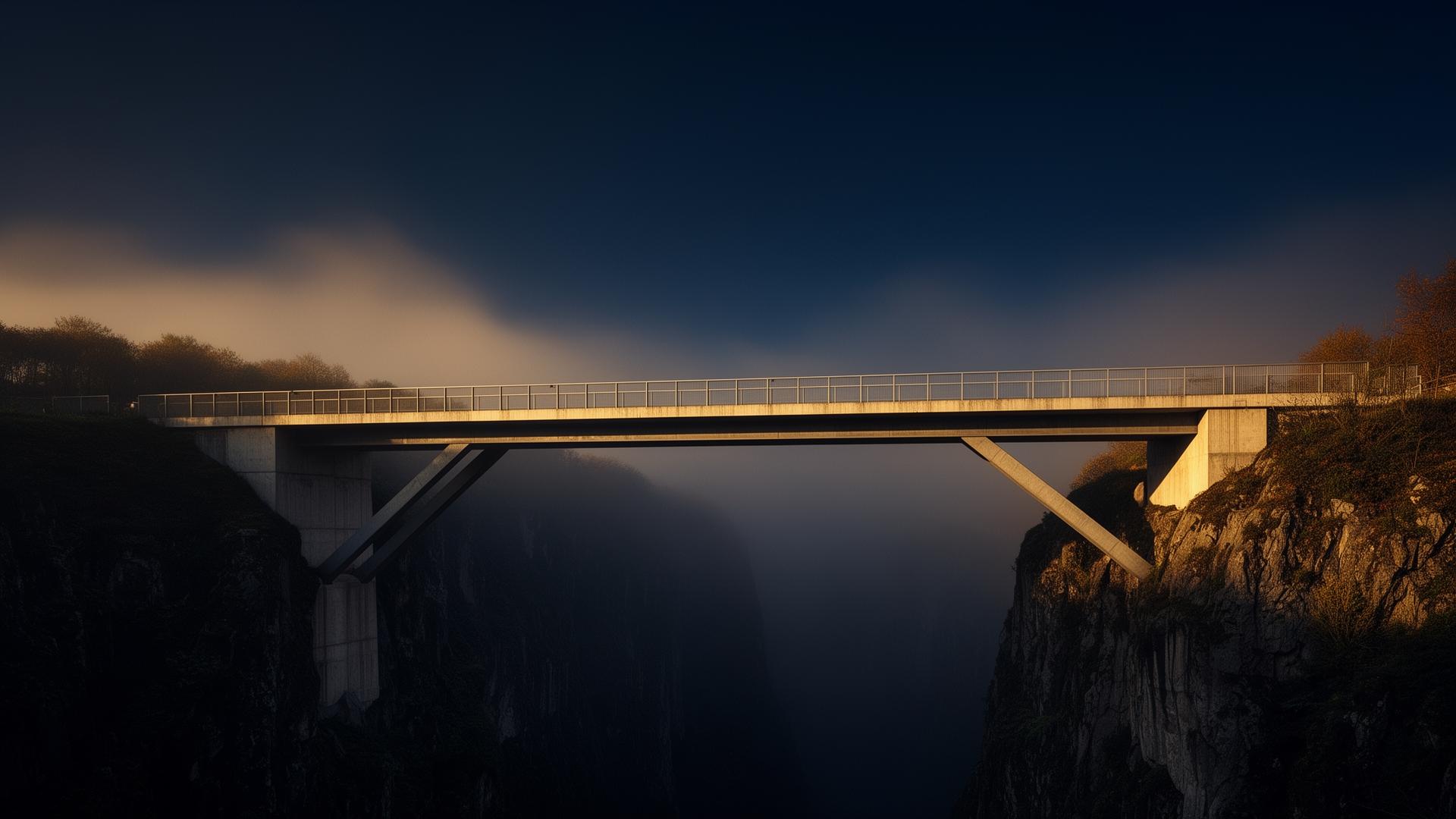 Concrete pedestrian bridge spanning a misty gorge at dusk — short-duration capital spanning a gap.