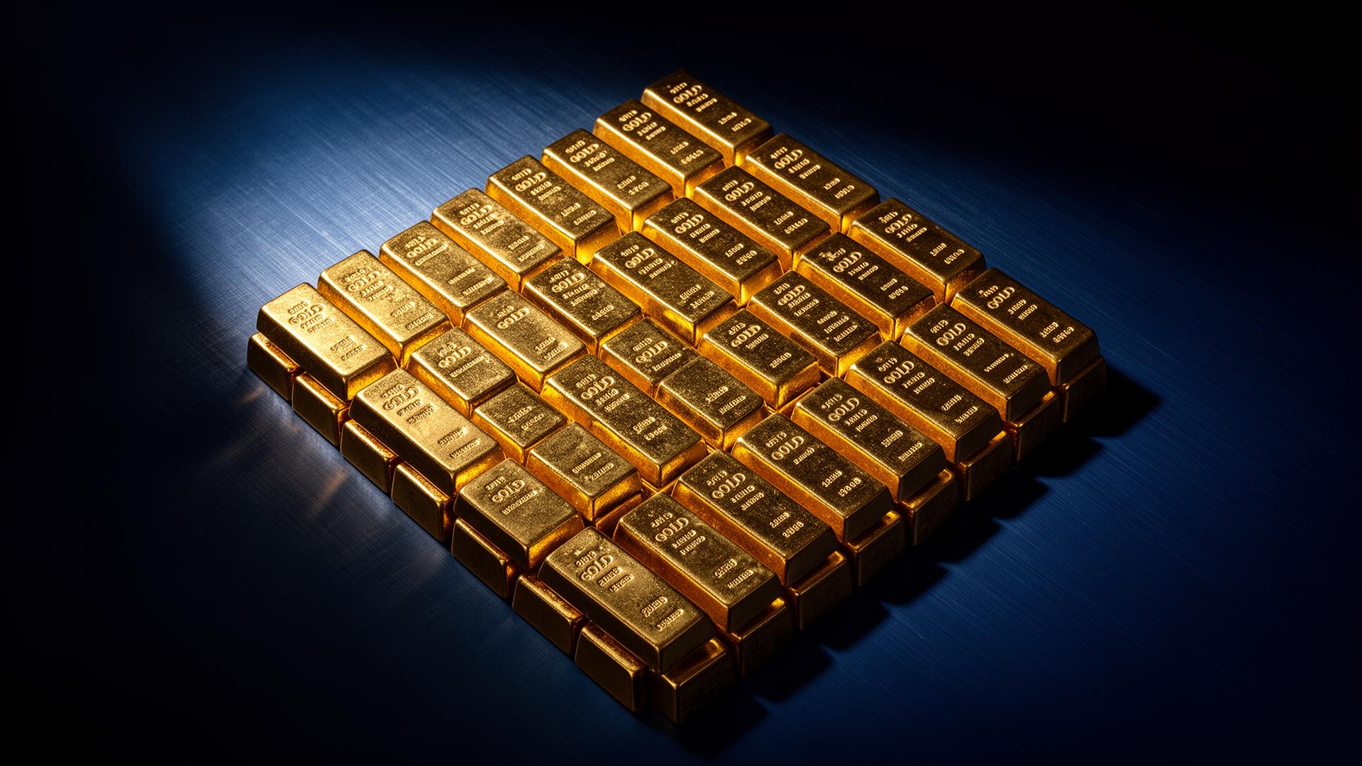 Aerial top-down arrangement of gold ingots on brushed steel — institutional direct capital.