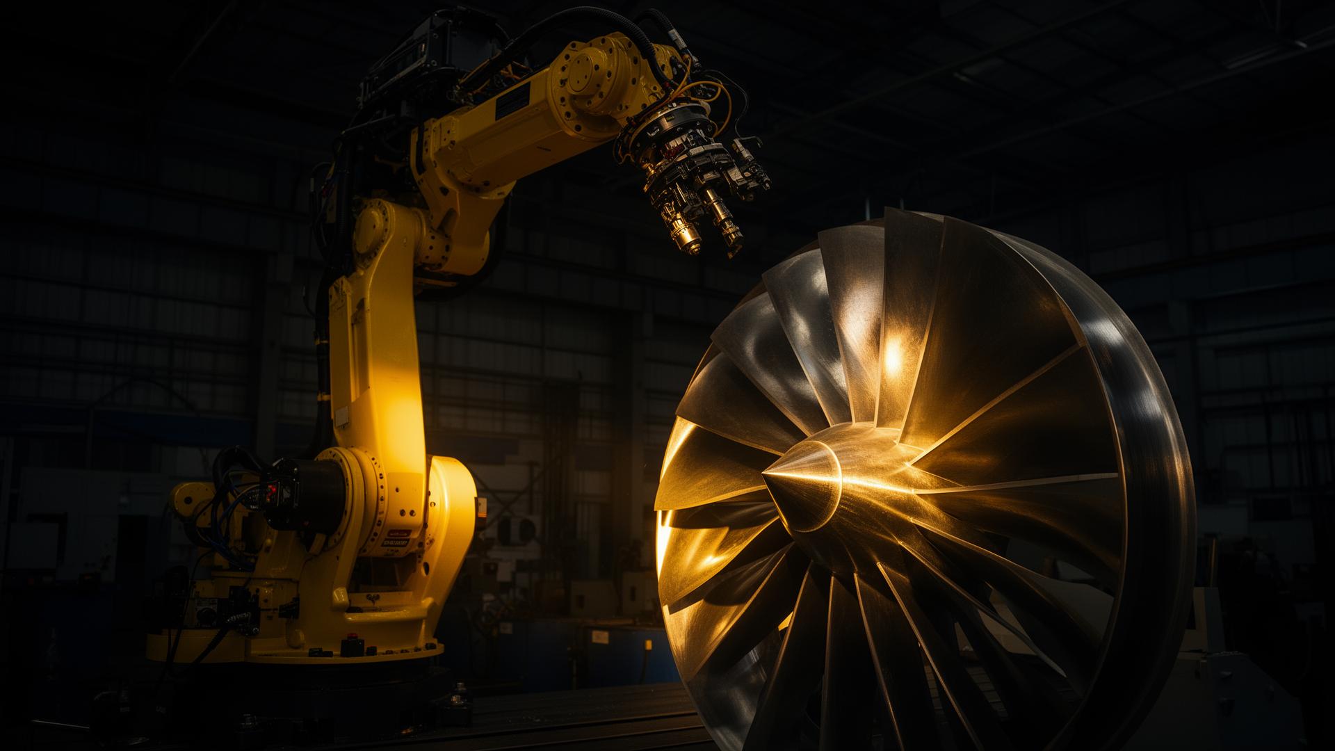 Industrial CNC machine arm and turbine blade detail in a darkened factory bay.