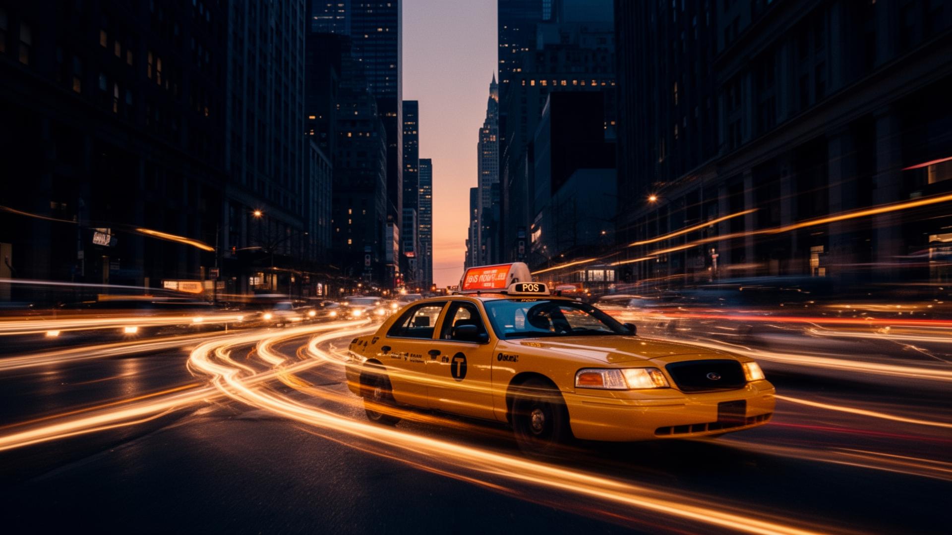 Long-exposure golden light trails through a dark commercial district — fast capital in motion.