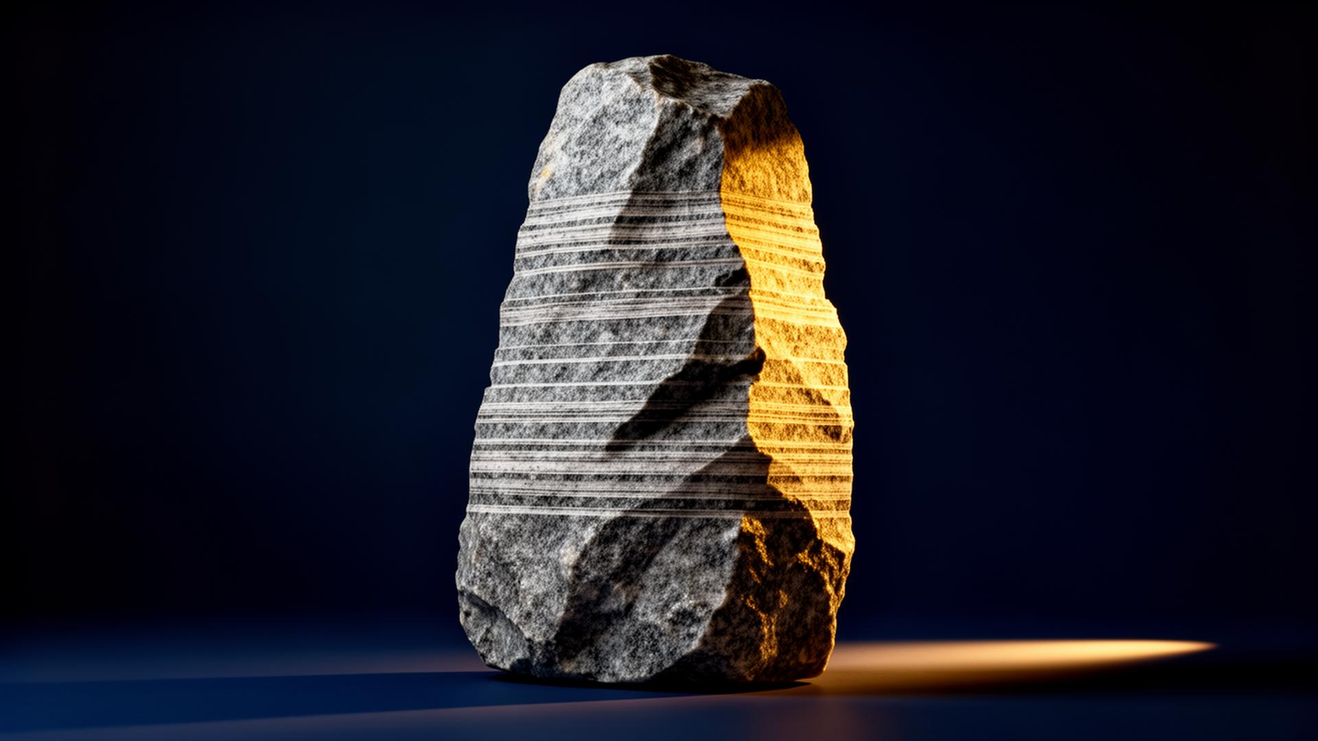 Granite monolith carved with horizontal time-strata bands — structured duration.
