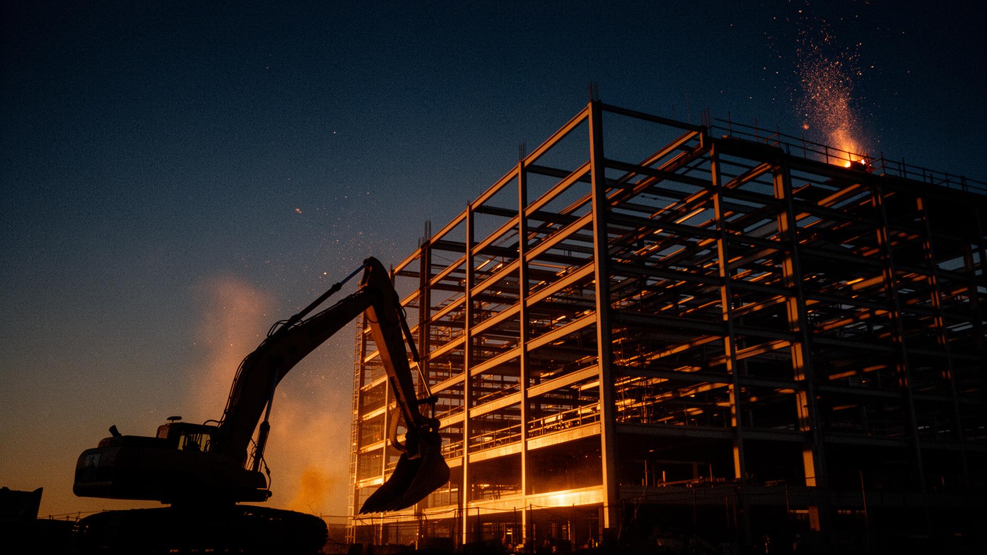 Excavator silhouette against a steel-skeleton high-rise at golden hour