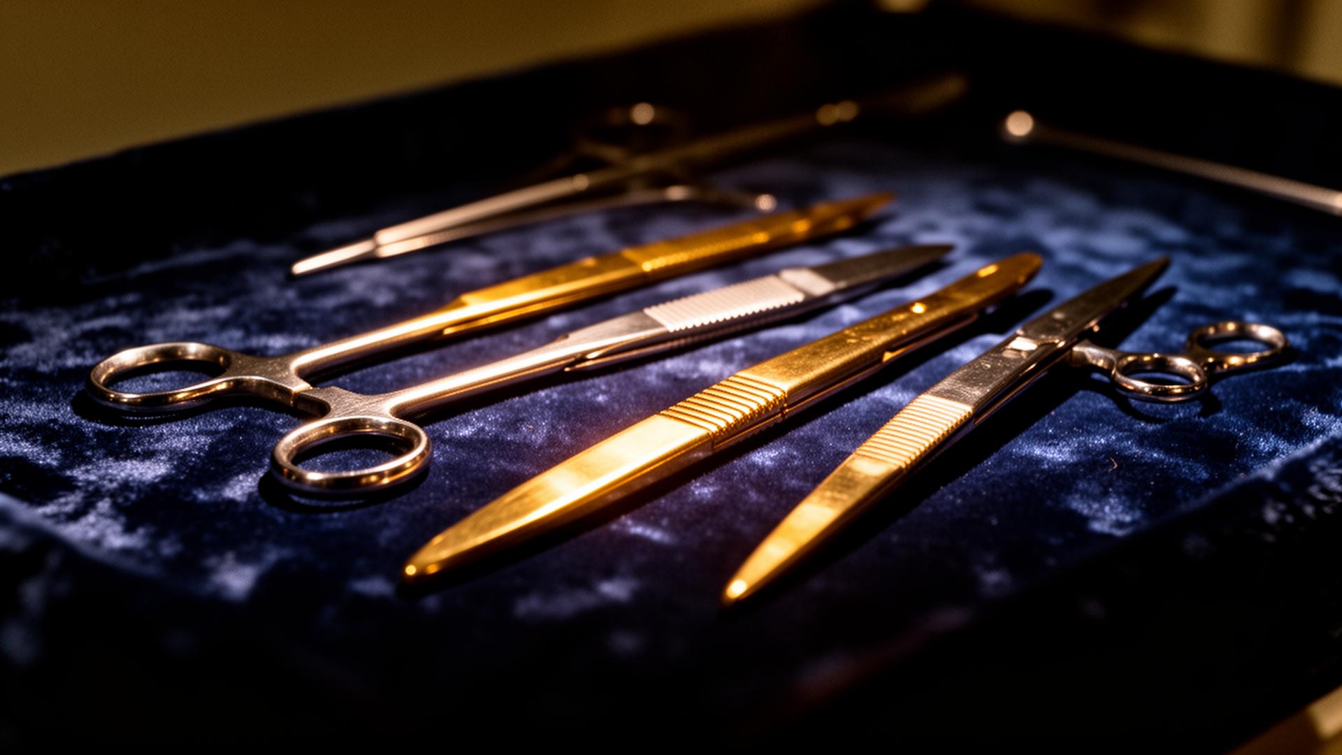 Surgical instruments on dark navy velvet lit by a single warm spotlight