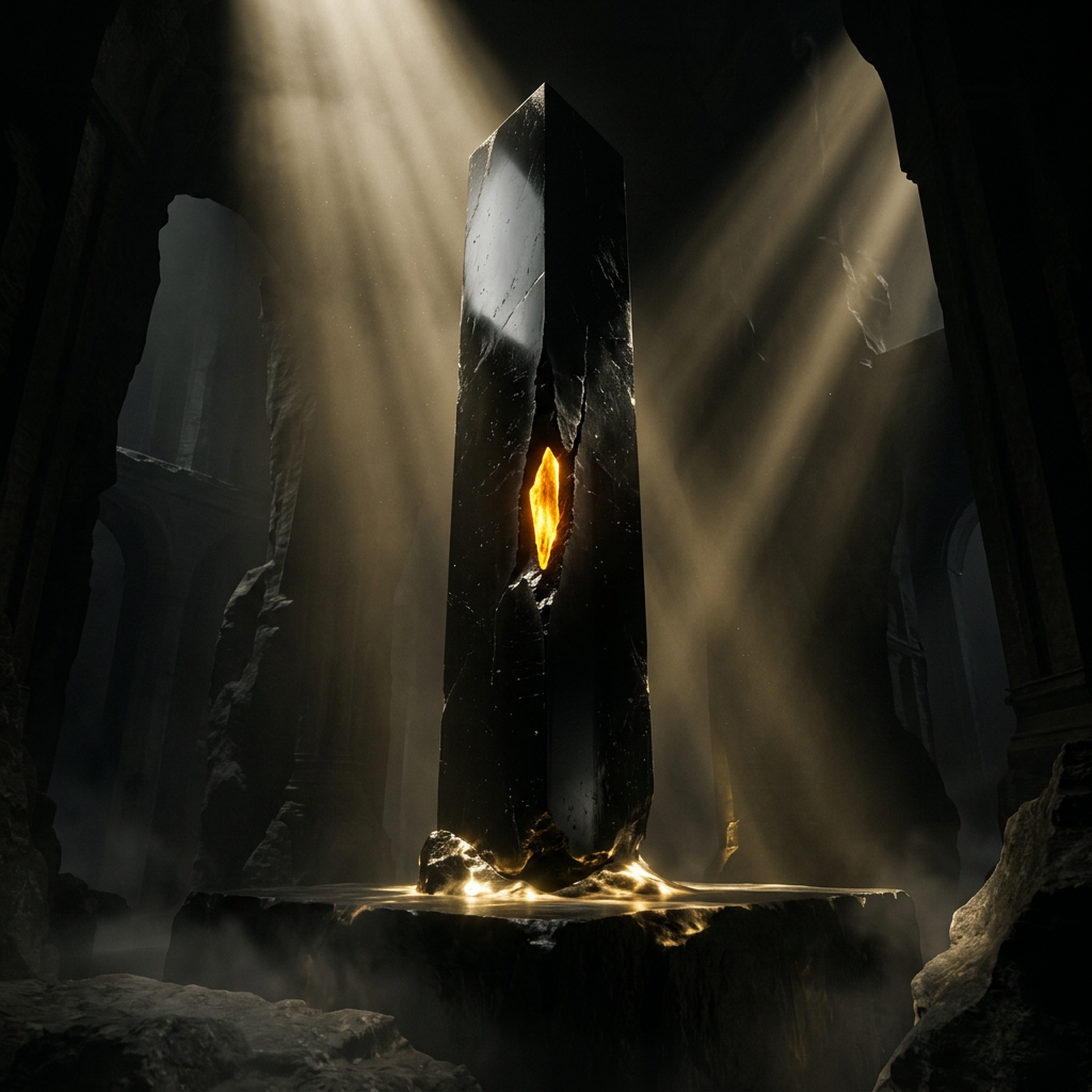 Obsidian monolith with a glowing gold shard at its core, lit by volumetric god rays