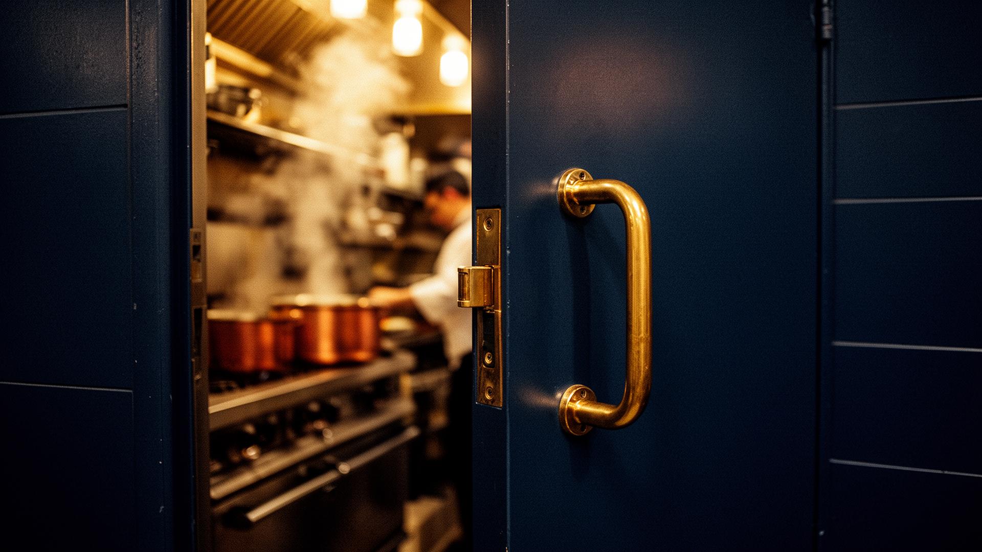 Brass-handled commercial kitchen door cracked open with warm service-line light spilling out