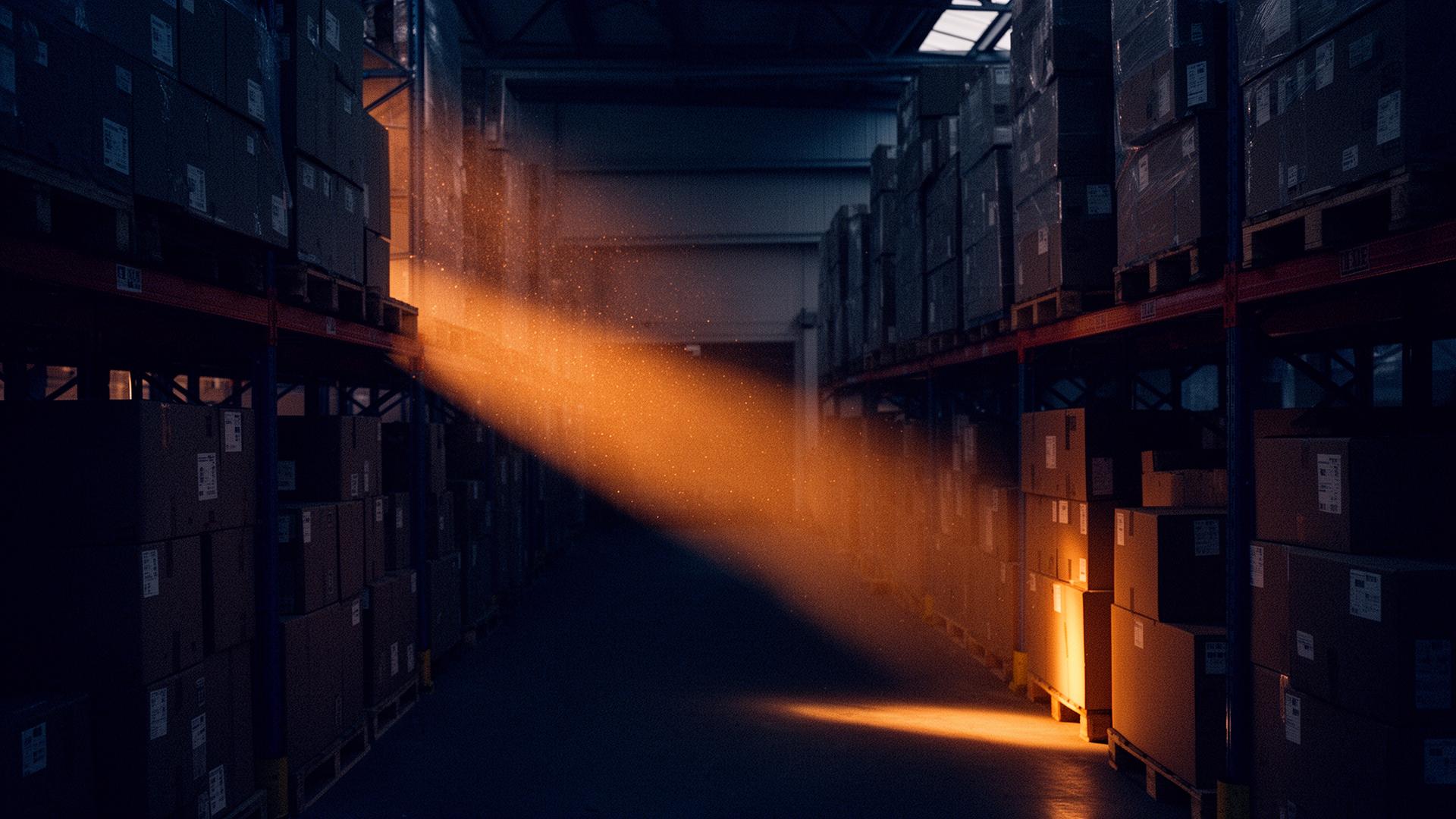 Stacked shipping boxes in a warehouse lit by a single diagonal shaft of amber sunrise