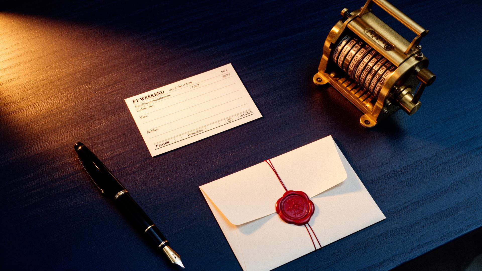 Brass time clock, fountain pen, and wax-sealed payroll envelope on a dark navy desk