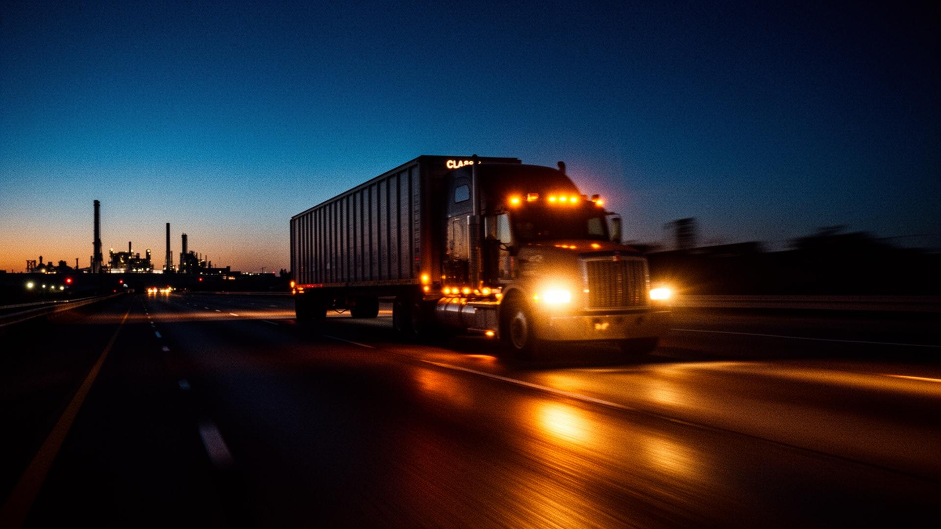 Class 8 freight truck at dusk on an empty interstate